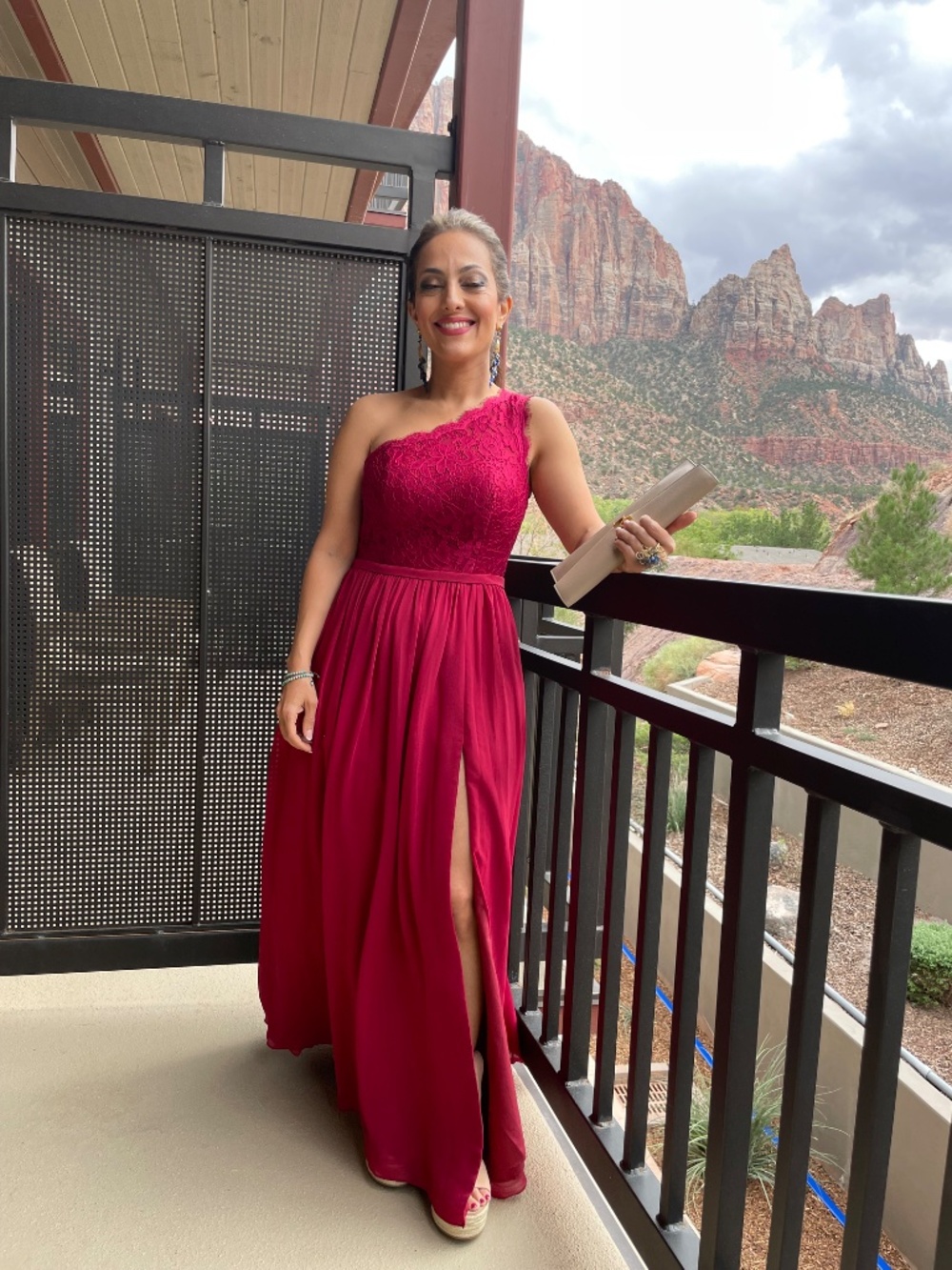Azazie Burgundy One-Shoulder Lace Gown | Altered for Petite | Size A2 - Picture 4 of 5
